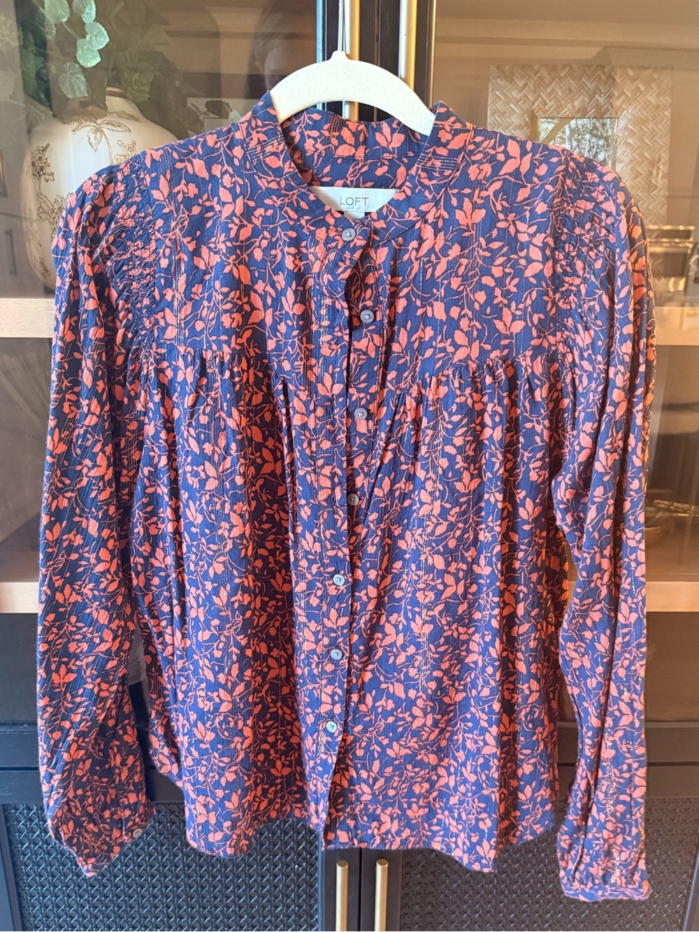 LOFT Navy and Coral Floral Button-Front Blouse with Pintuck Yoke